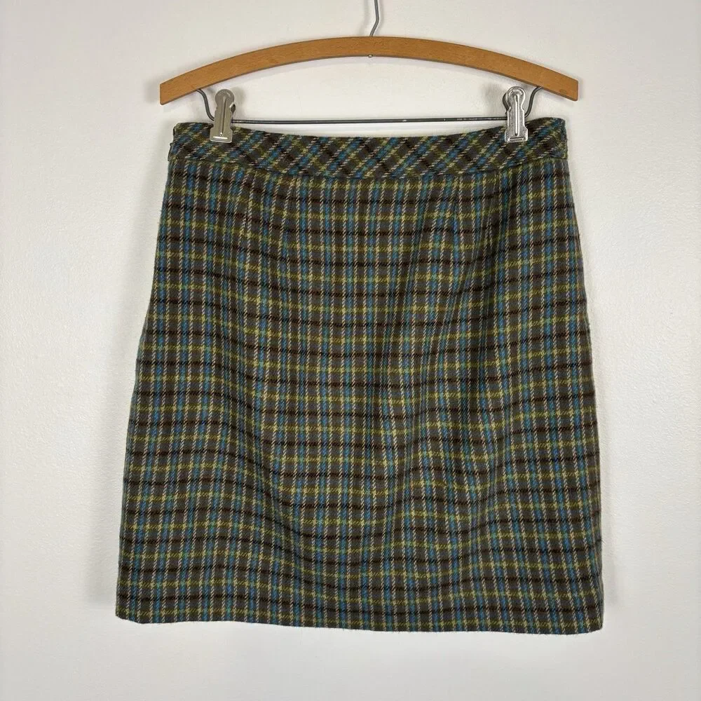 Talbots Womens 4 Fringe Trim Wool Blend Faux Wrap Skirt Green Plaid - Picture 5 of 8